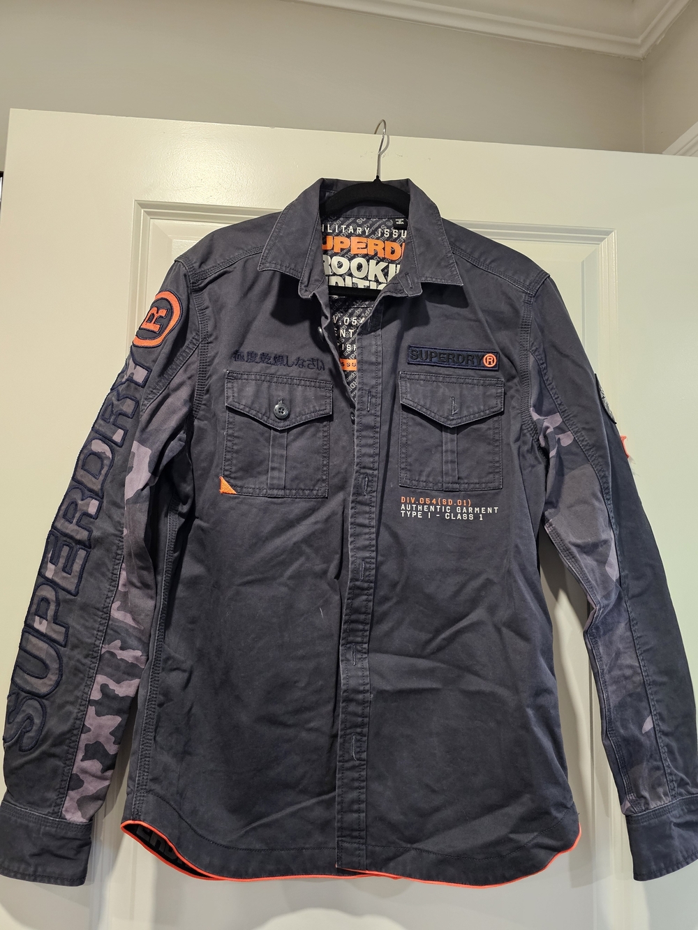 Superdry Men's Black Shirt Jacket with Camo Sleeves and Orange Trim